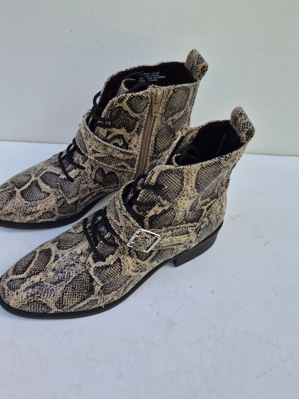 Express Snake-Print Lace-Up Combat Boots in Beige and Black - 7